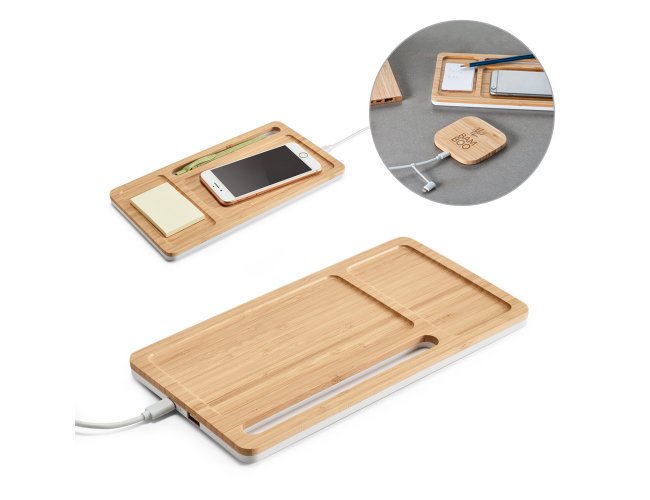 57911-2 - Carregador Wireless e Organizador de Mesa em Bambu