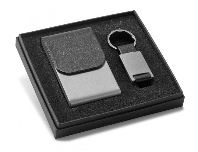 93313 - Kit Porta Cartes e Chaveiro em Metal e Couro Sinttico