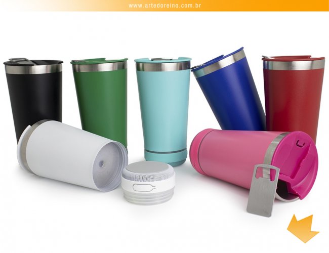 18749B - Copo Trmico em Inox 400 ml com Caixa de Som