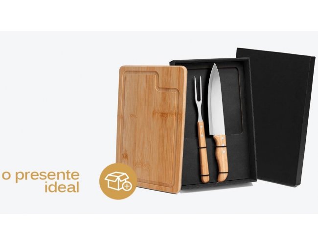 ME-04093-2 - Kit Churrasco com Tbua, Garfo e Faca 8" em Bambu/Inox - 3 peas