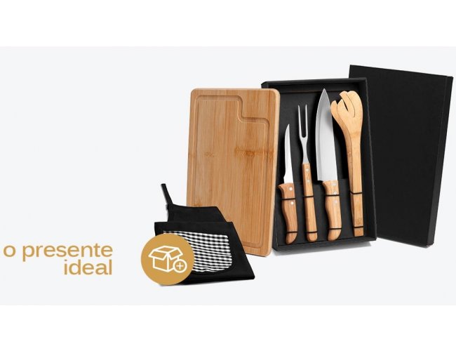 ME-04803-2 - Kit Churrasco com Tbua, Garfo, Facas, Pegador em Bambu/Inox e Avental - 6 peas