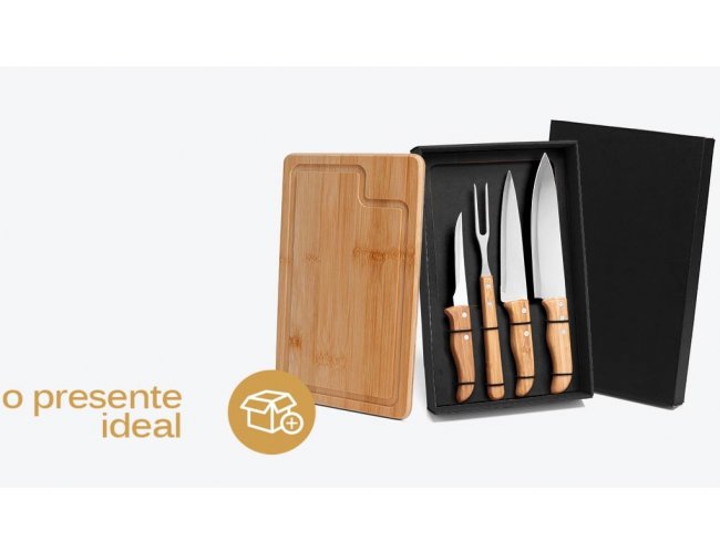 ME-04833-2 - Kit Churrasco com Tbua, Garfo e Facas em Bambu/Inox -  5 peas