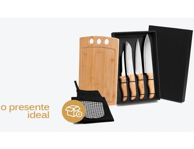 ME-21843-2 - Kit Churrasco com Tbua, Facas em Bambu/Inox com Avental - 6 peas