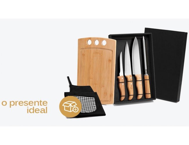 ME-21853-2 - Kit Churrasco com Tbua, Facas, Chaira em Bambu/Inox com Avental - 6 peas