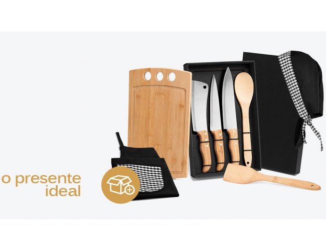 ME-21863-3 - Kit Churrasco e Cozinha em Bambu/Inox com Avental e Touca - 8 peas